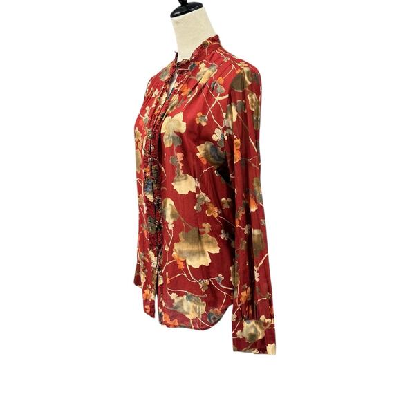 Coldwater Creek Red Floral Print Cotton Silk Blend Long Sleeve Lightweight Top - Picture 2 of 13
